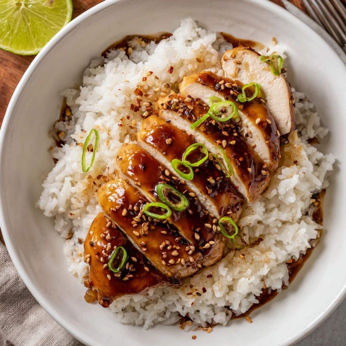 Plate of Spicy Maple Chicken And Coconut Rice garnished with lime wedges