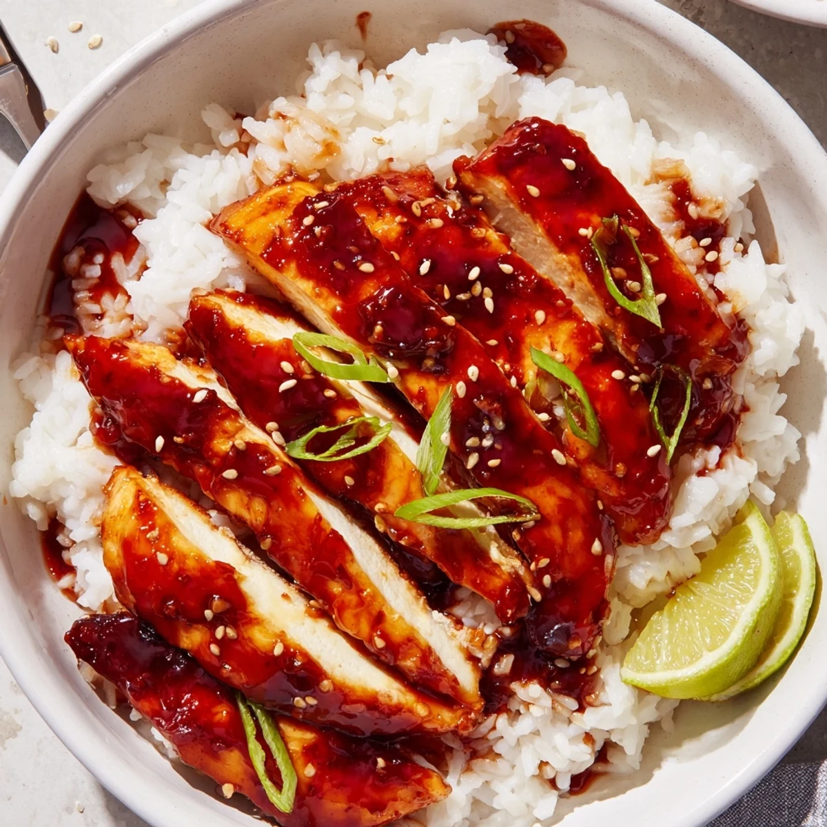 Aromatic Spicy Maple Chicken And Coconut Rice with toasted sesame seeds, tangy lime
