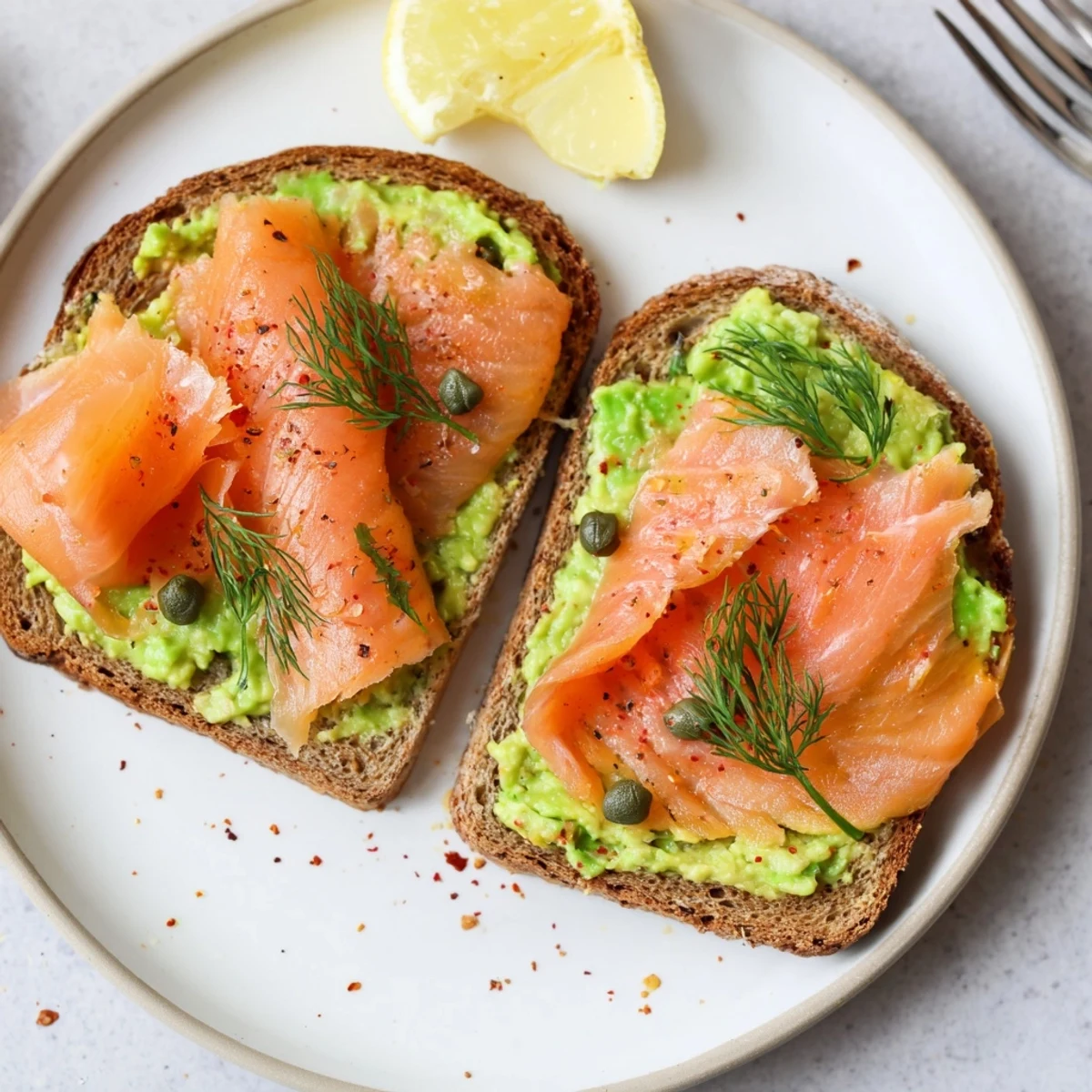 Salmon Avocado Toast on toasted sourdough with lemon and flaky sea salt