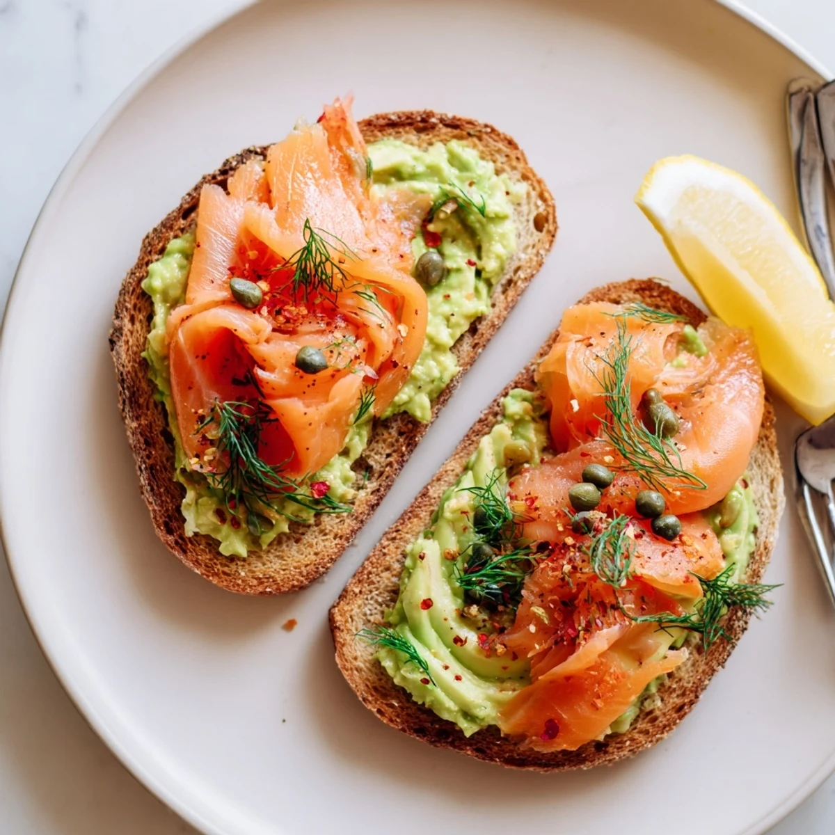 Buttery Salmon Avocado Toast garnished with capers, lemon wedges, cracked pepper