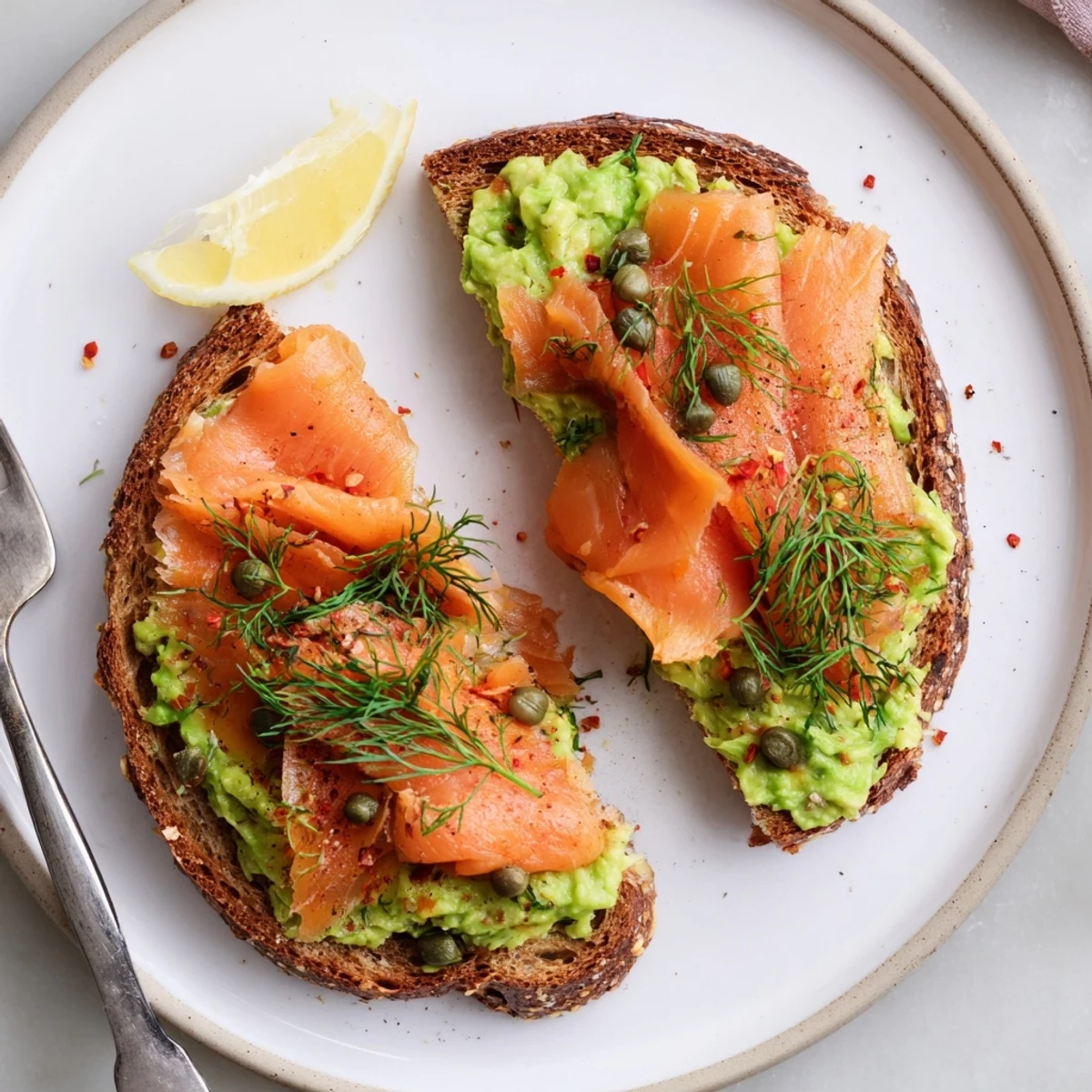 Healthy Salmon Avocado Toast served for brunch with poached egg and chives