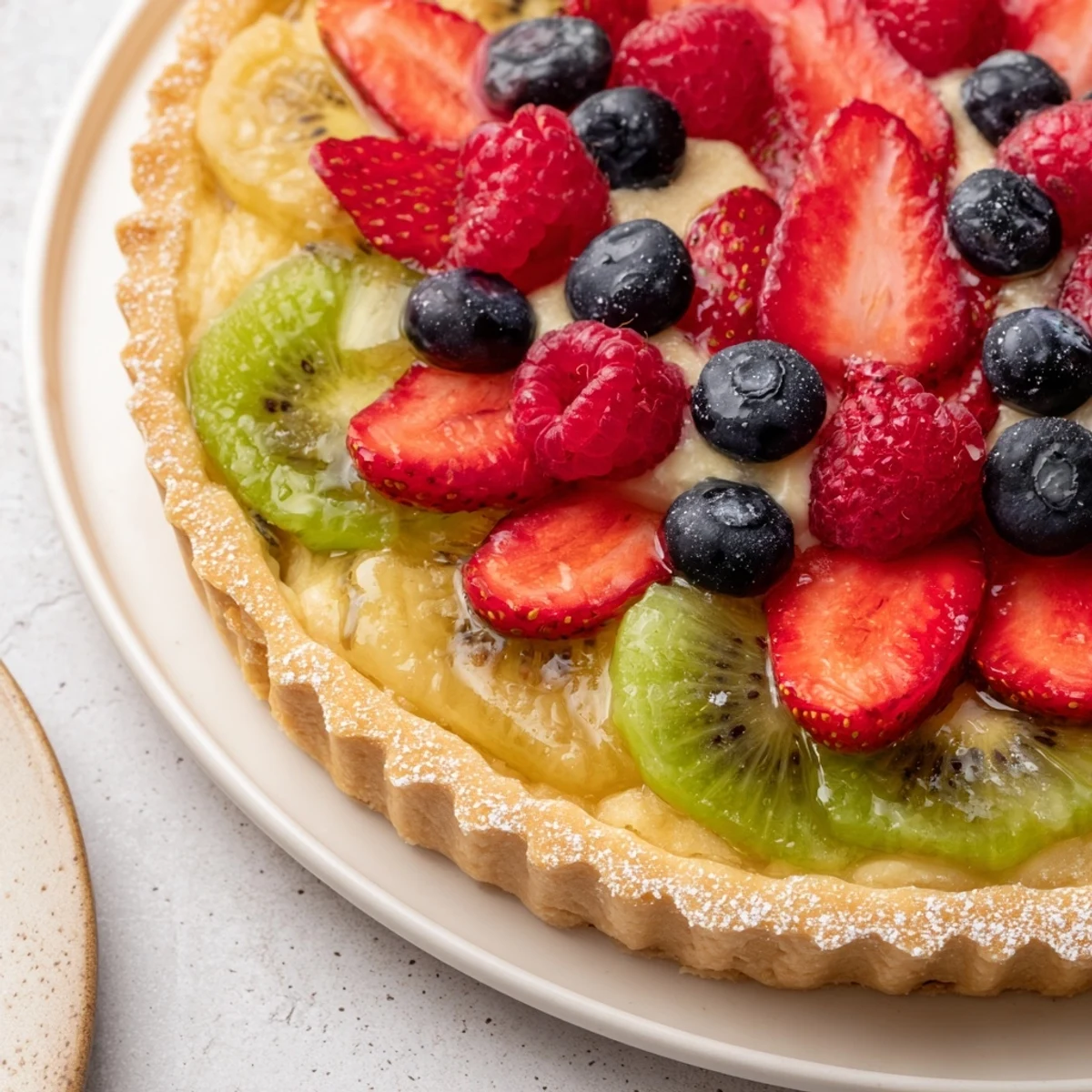 Fruit Tart With Mascarpone on a flaky crust topped with glossy berries