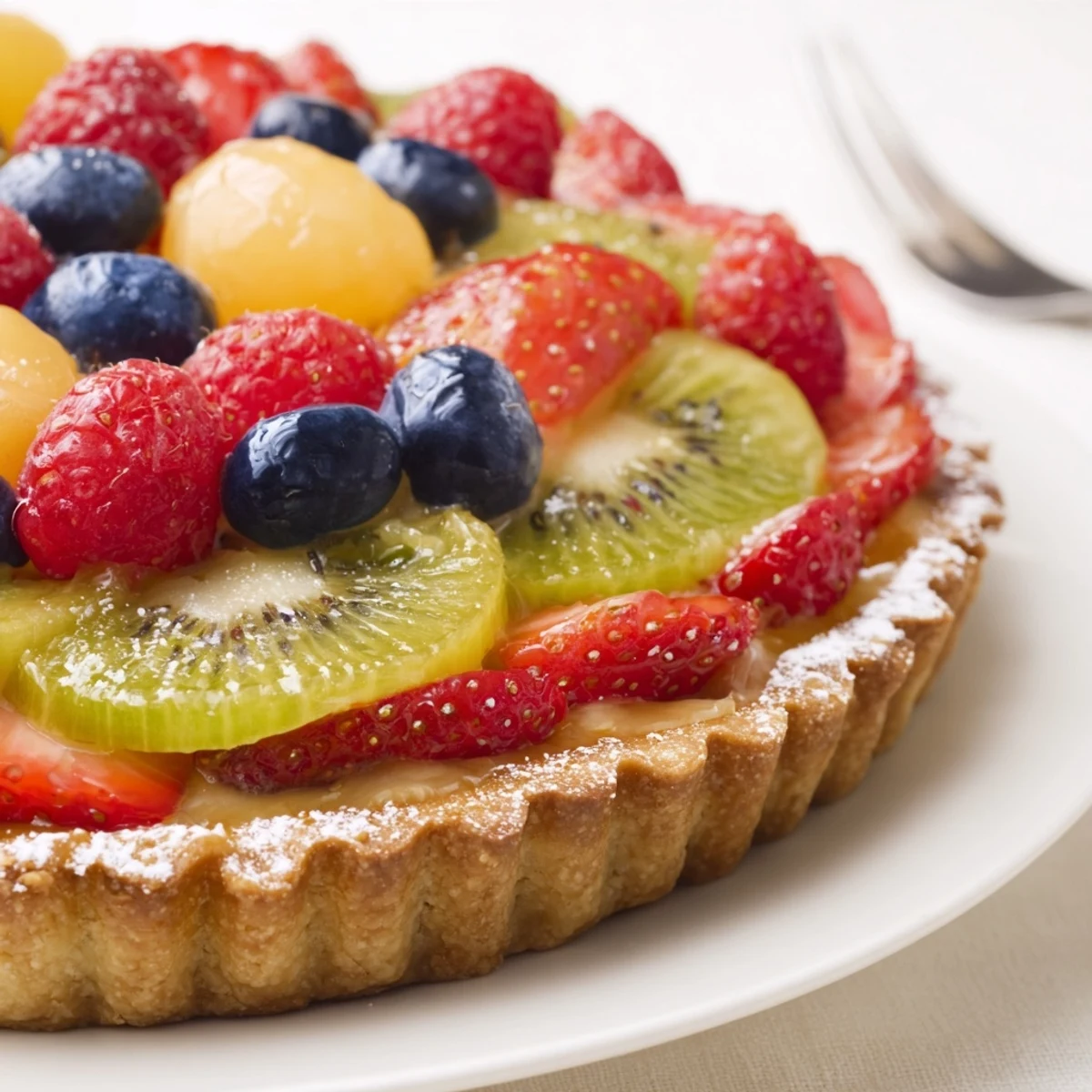 Freshly chilled Fruit Tart With Mascarpone arranged with colorful sliced fruit