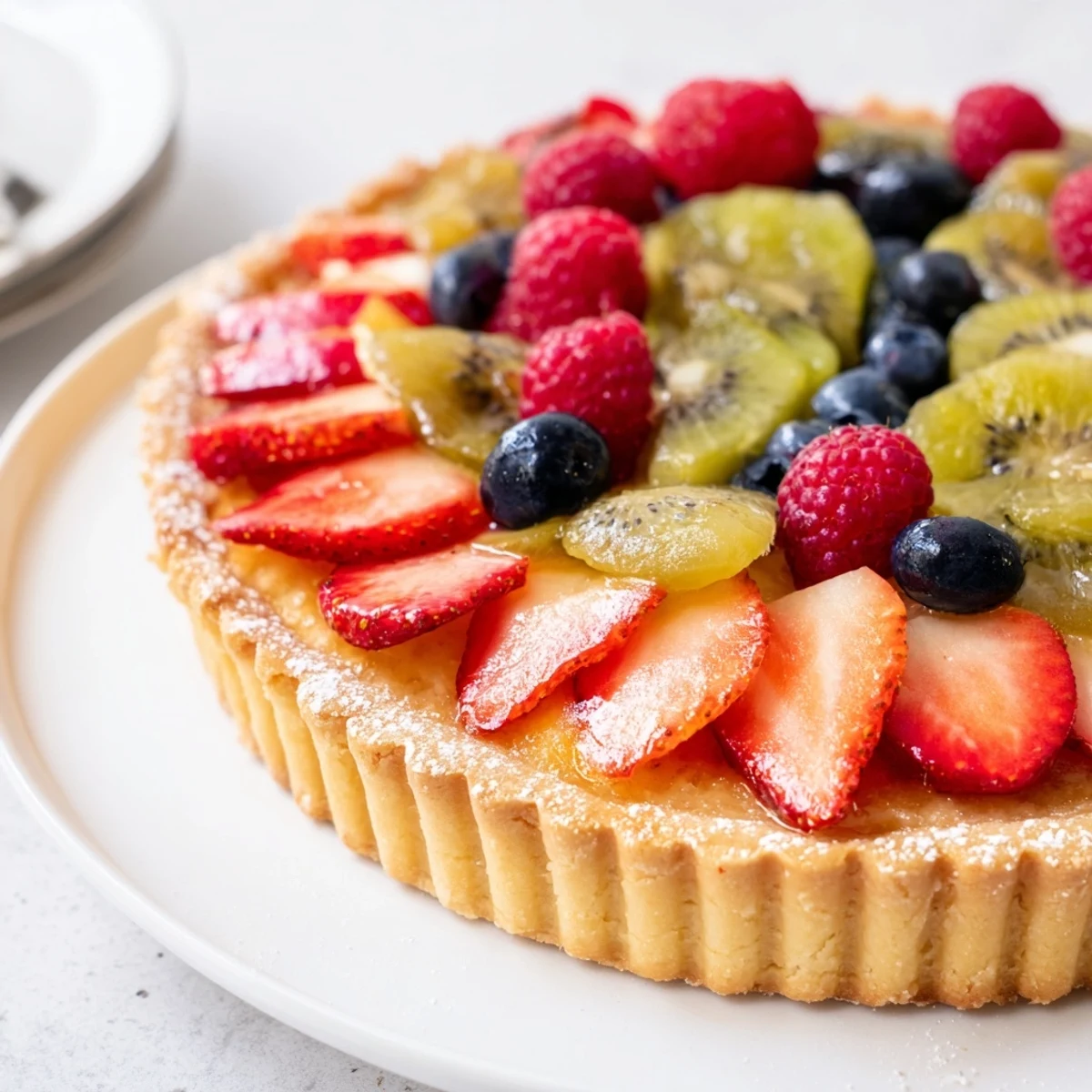 Slice-ready Fruit Tart With Mascarpone glistening under apricot glaze, served with Moscato