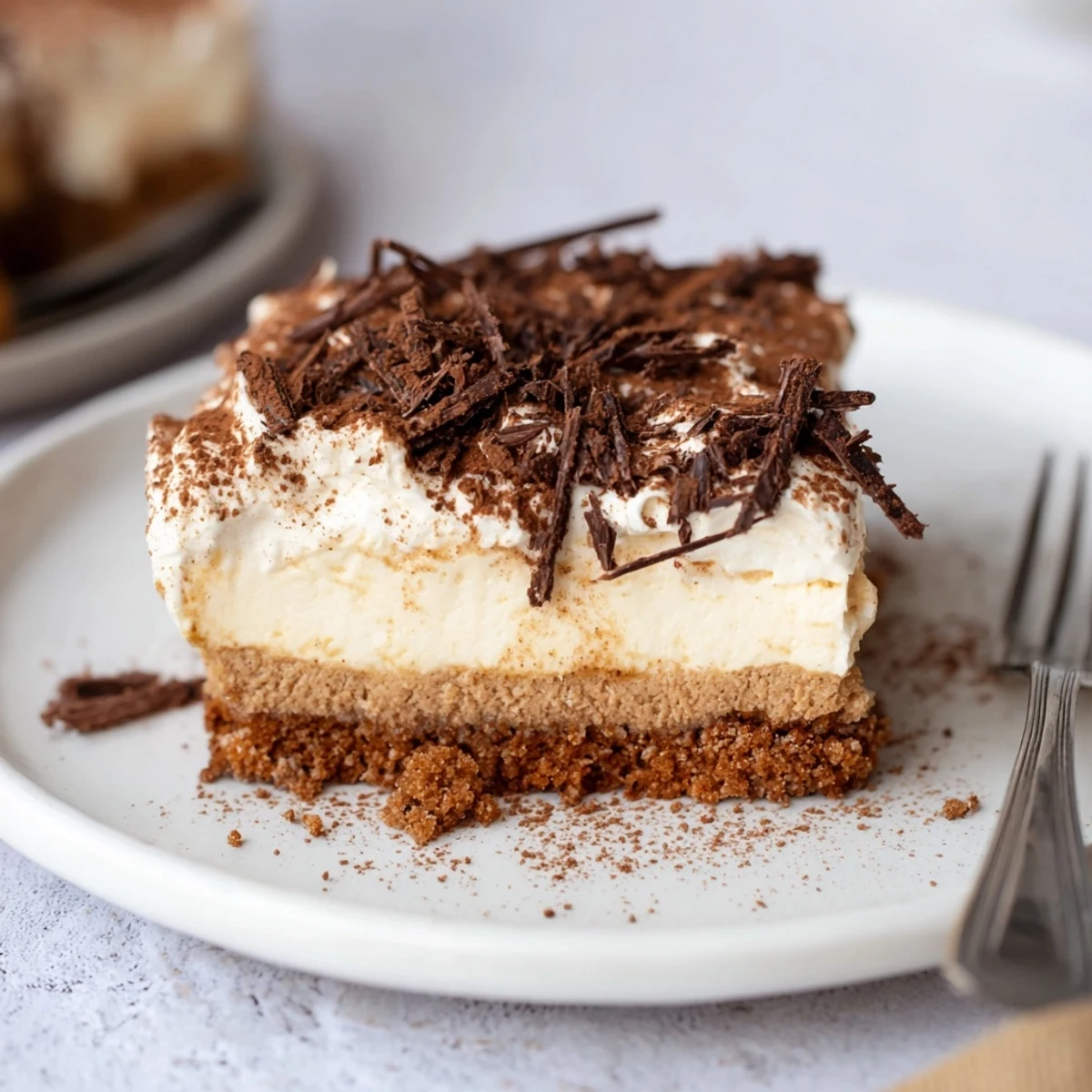 Decadent Creamy Coffee Infused Tiramisu Cheesecake chilled, dusted with cocoa, chocolate shavings
