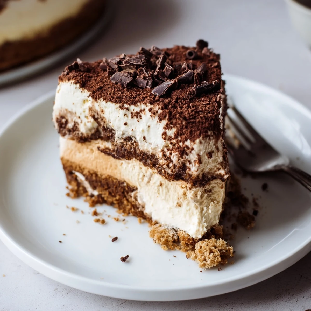Slice of Decadent Creamy Coffee Infused Tiramisu Cheesecake served with steaming espresso