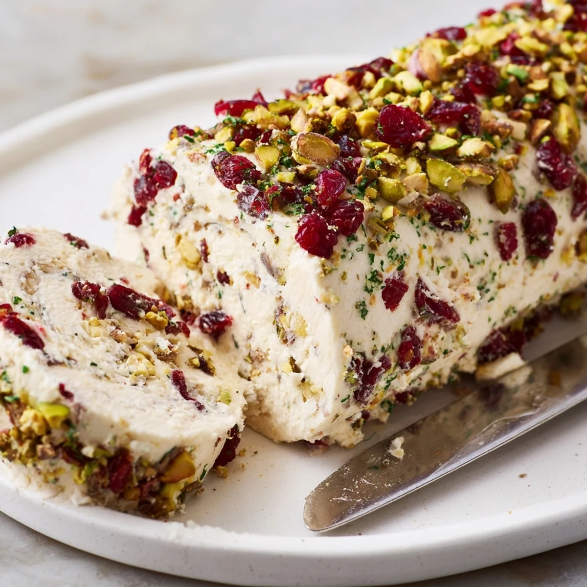 Chilled, speckled with tangy cranberries and crunchy pistachios, Cranberry Pistachio Cheese Log