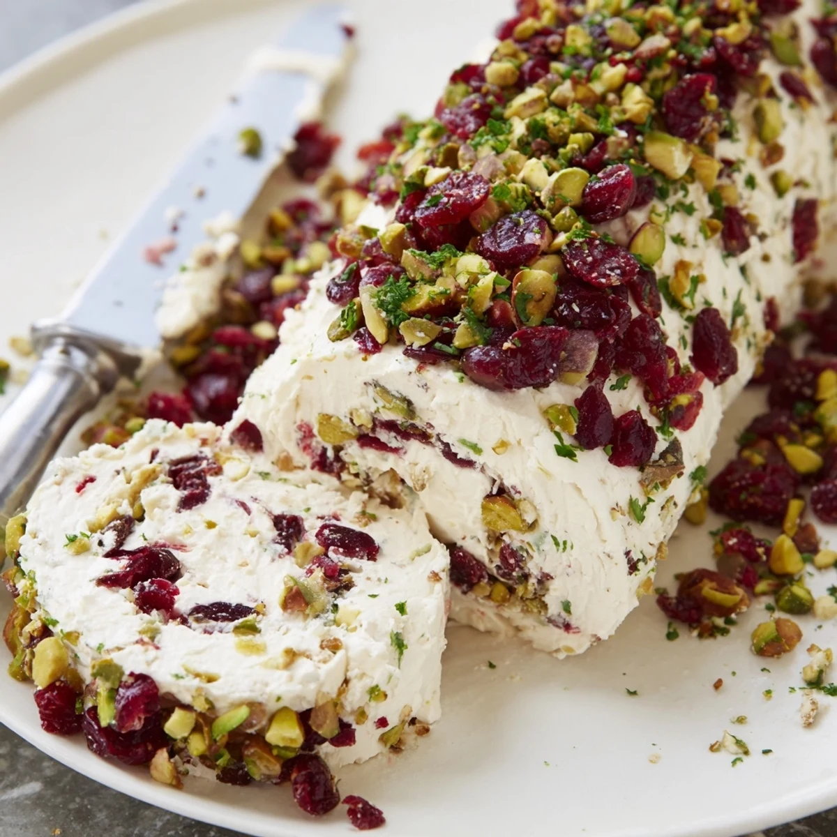 Sliced on toasted baguette with fresh chives, Cranberry Pistachio Cheese Log