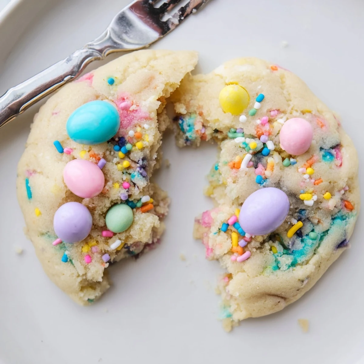 A plate of Easter Funfetti Cookies with crisp edges, gooey middles, festive sprinkles.