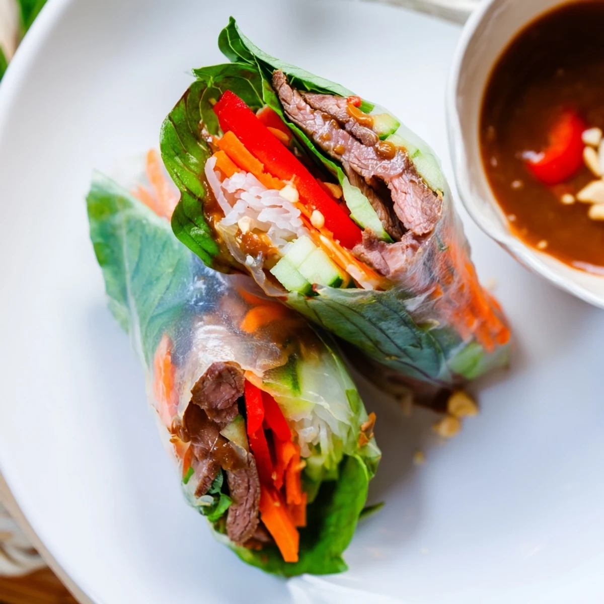 Thai Basil Beef Rolls with glossy rice paper, tender beef, crisp vegetables