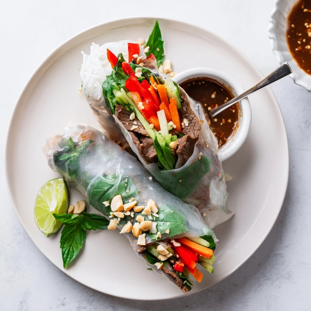 Sliced Thai Basil Beef Rolls arranged on plate, served with peanut dipping sauce