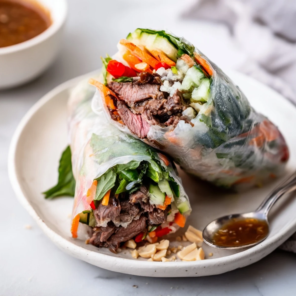 Handheld Thai Basil Beef Rolls bursting with basil aroma, crunchy carrots, lime