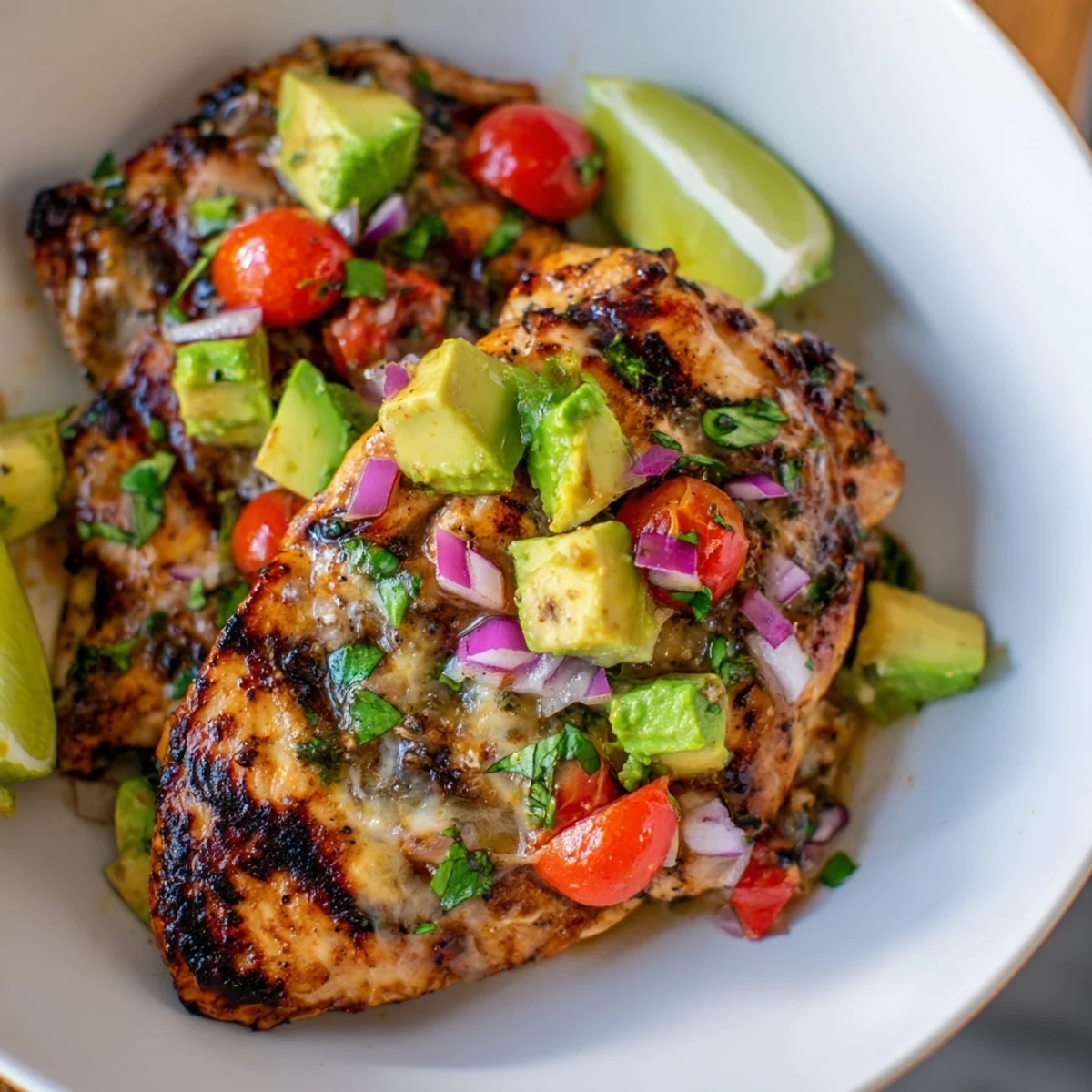 Grilled, juicy Fiesta Lime Chicken With Avocado topped with cilantro and lime wedge
