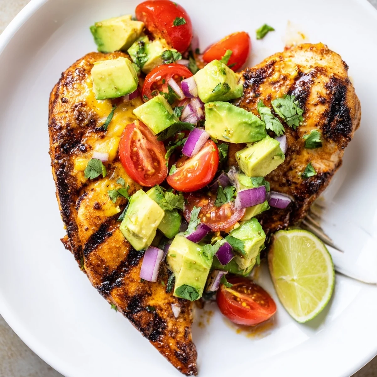 Charred grill marks, tangy and creamy, Fiesta Lime Chicken With Avocado over rice