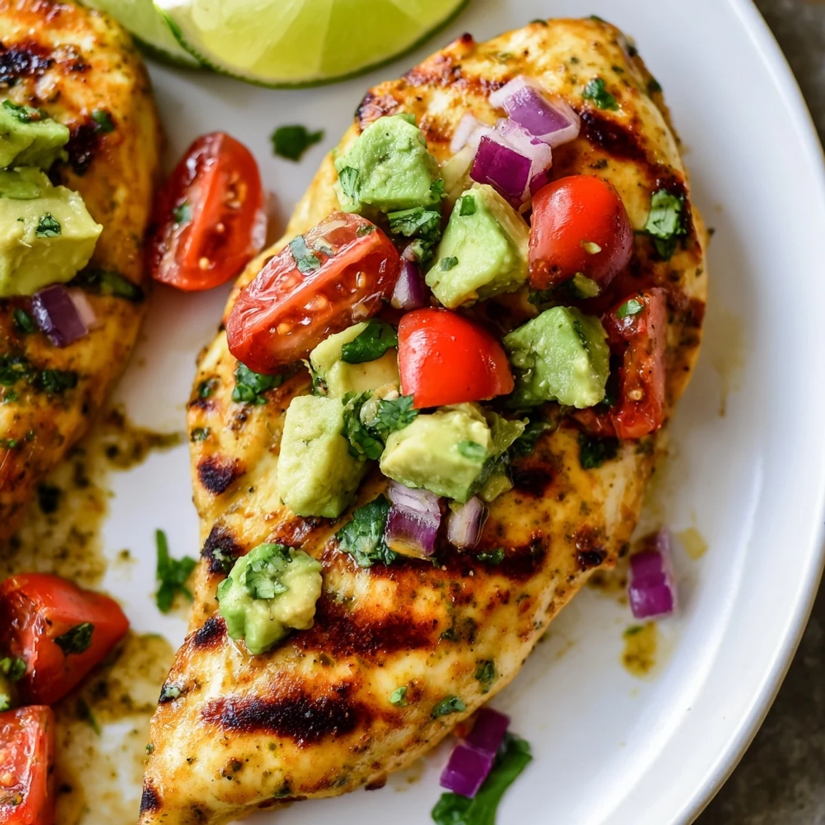 Fiesta Lime Chicken With Avocado resting on warm tortillas, bright avocado tomato salsa