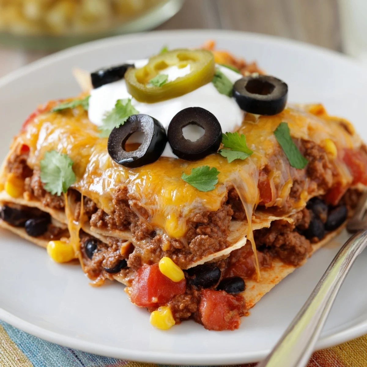 Hearty Cheesy Nacho Casserole layered with seasoned beef, beans, tangy toppings