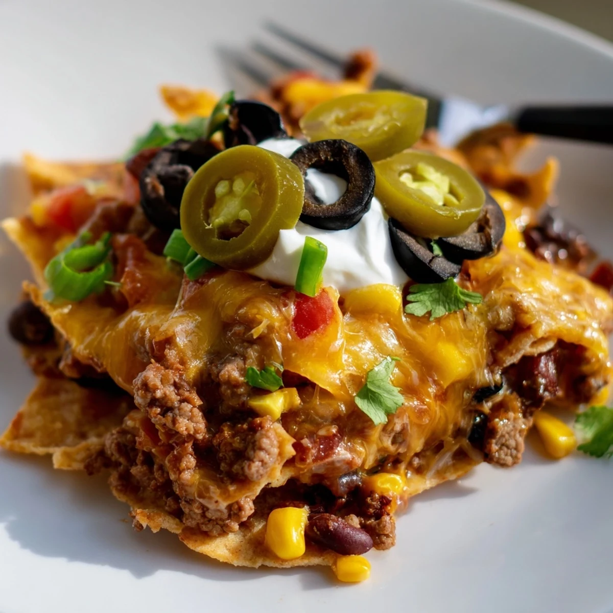 Close up of Cheesy Nacho Casserole bubbling with melted cheese and crisp chips