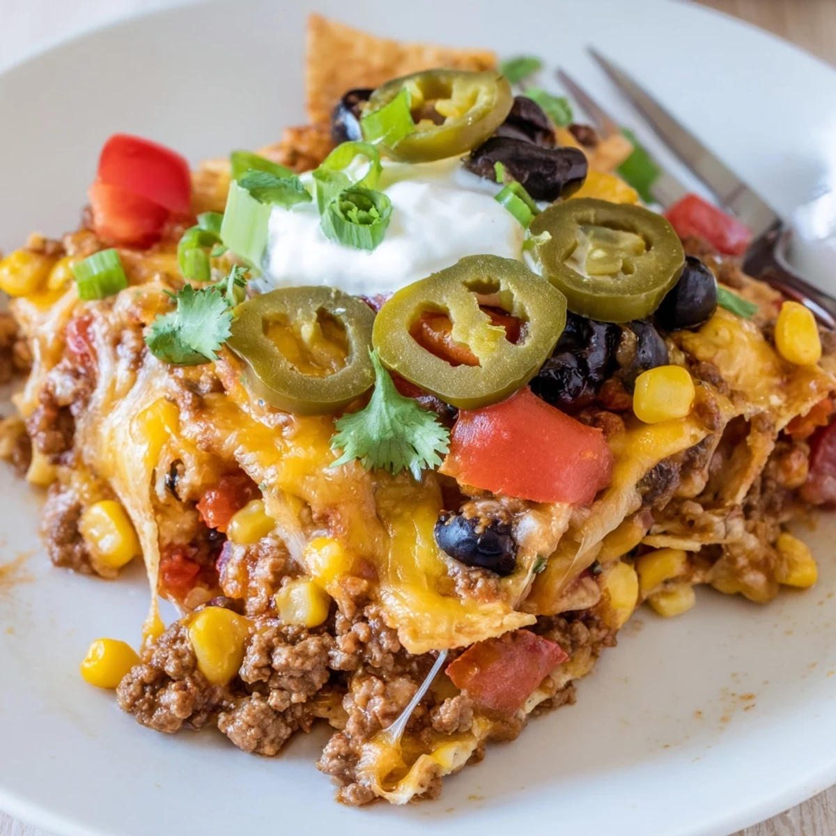 Ready to serve Cheesy Nacho Casserole on a rustic dish, garnished with cilantro