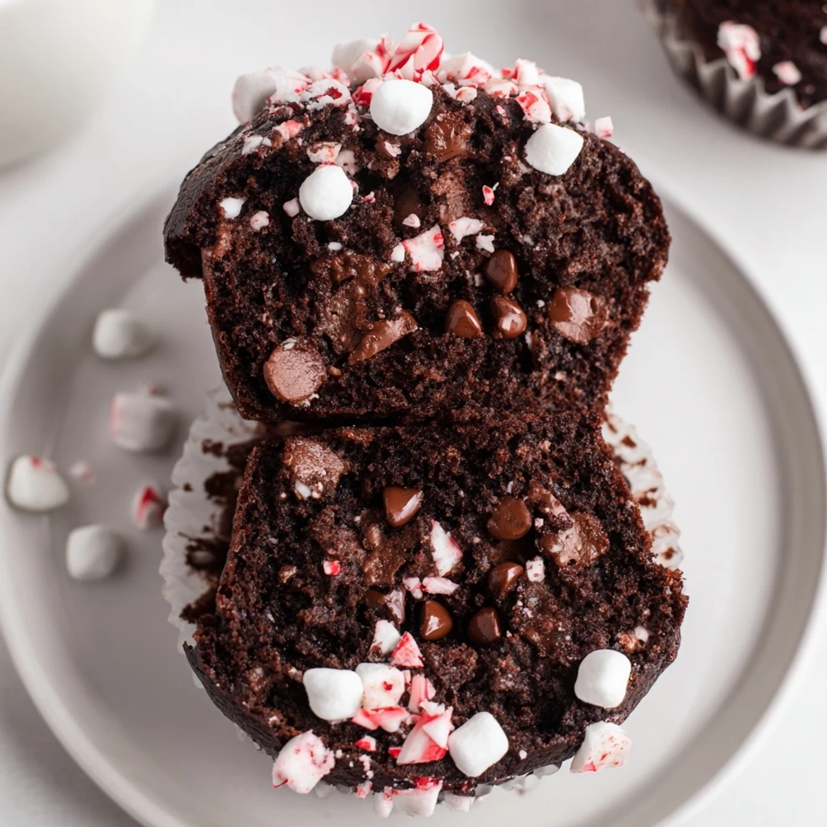 Peppermint Hot Chocolate Muffins steaming on a rack, chocolate chips glistening.