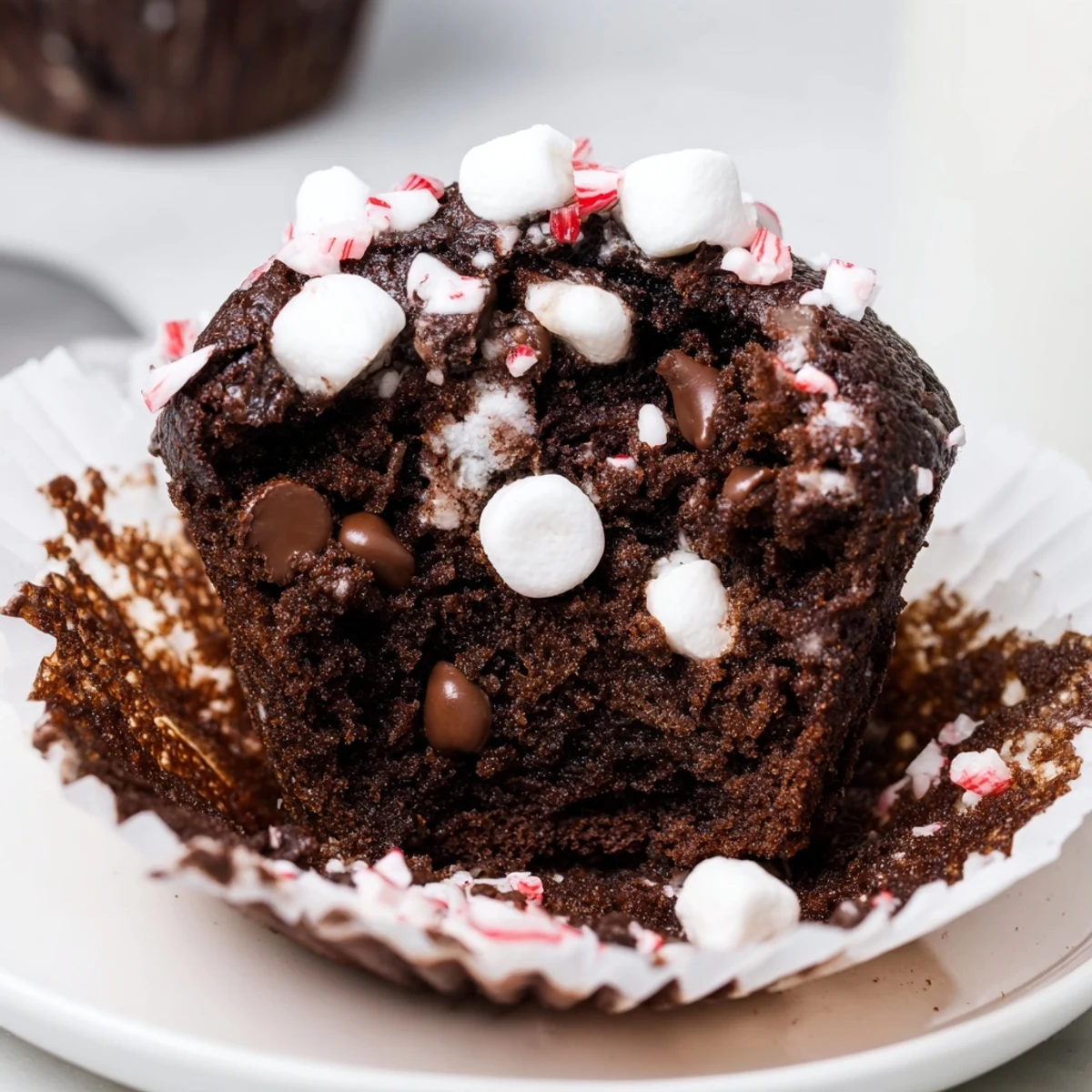Plate of Peppermint Hot Chocolate Muffins beside a steaming mug of cocoa.