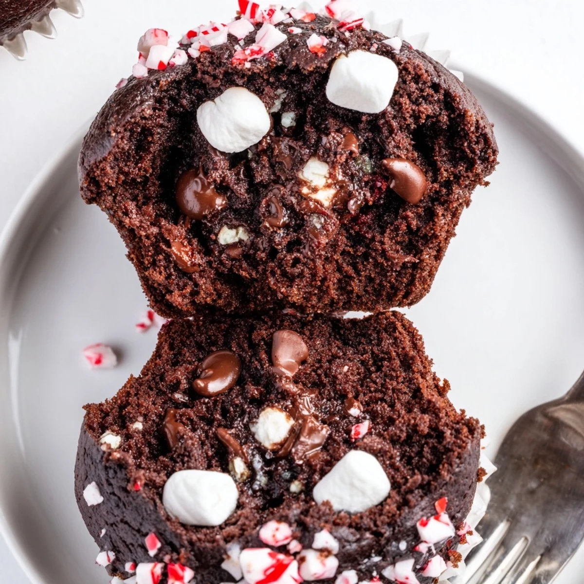 Moist Peppermint Hot Chocolate Muffins sprinkled with crushed peppermint, marshmallow garnish.
