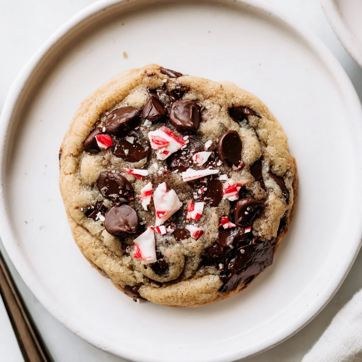 Freshly baked Peppermint Chocolate Chip Cookies steaming, chocolate melting, crushed candy cane garnish
