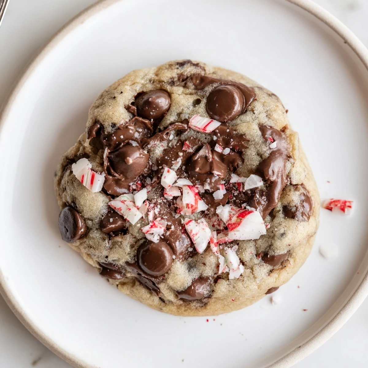 Stack of Peppermint Chocolate Chip Cookies beside milk glass, cool peppermint crunch