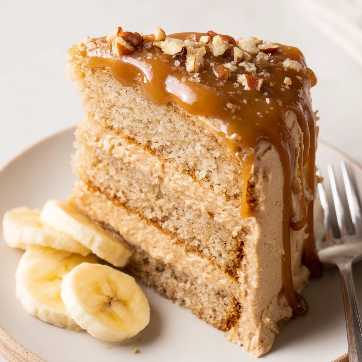 Frosted Salted Caramel Brown Butter Banana Cake Recipe sprinkled with flaky sea salt