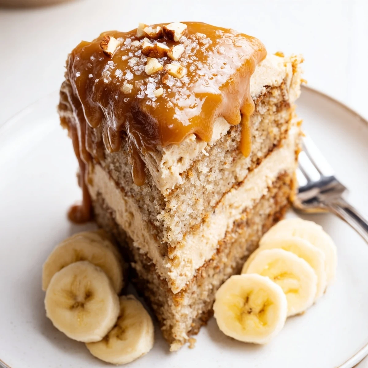 Slice of warm Salted Caramel Brown Butter Banana Cake Recipe on plate  