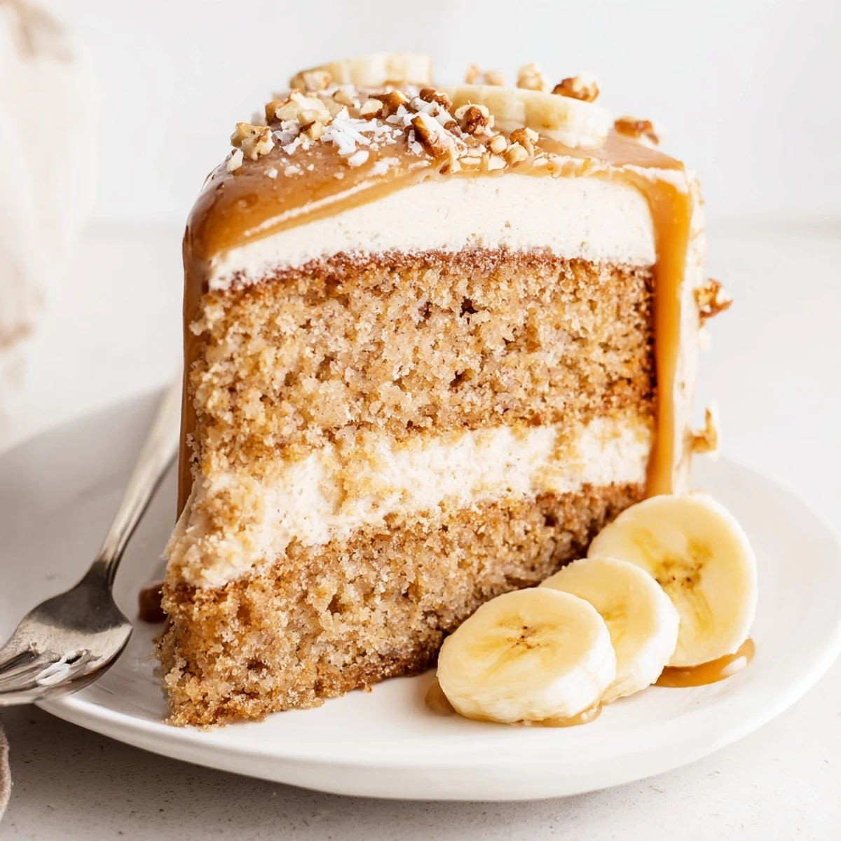 Moist Salted Caramel Brown Butter Banana Cake Recipe topped with glossy caramel drizzle  