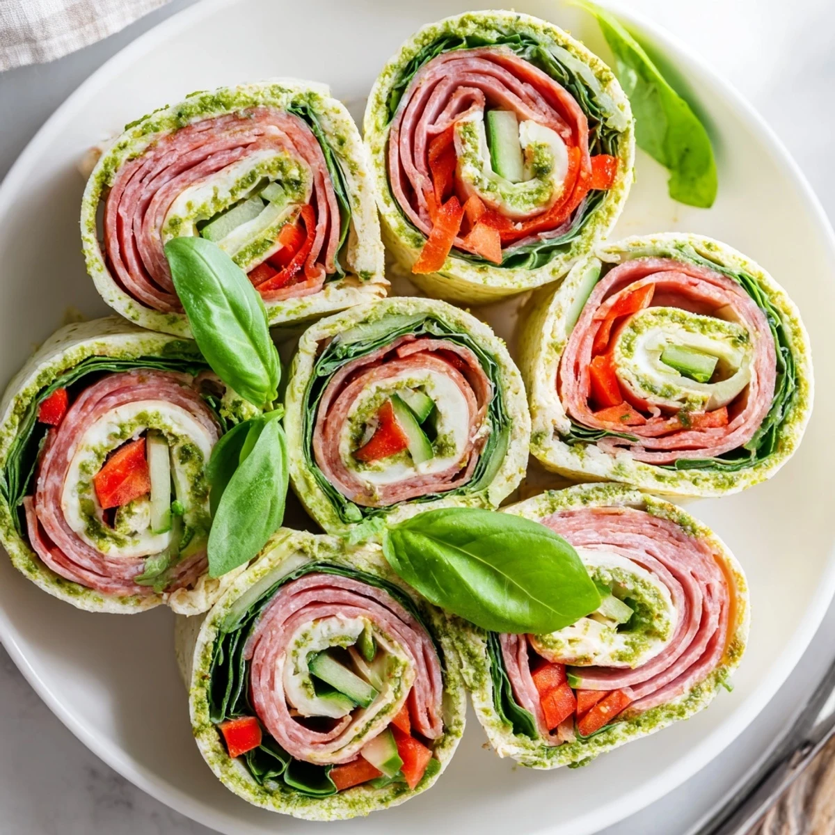 Creamy pesto-studded Italian Pinwheel Sandwiches chilled, sliced into neat bite-sized spirals.
