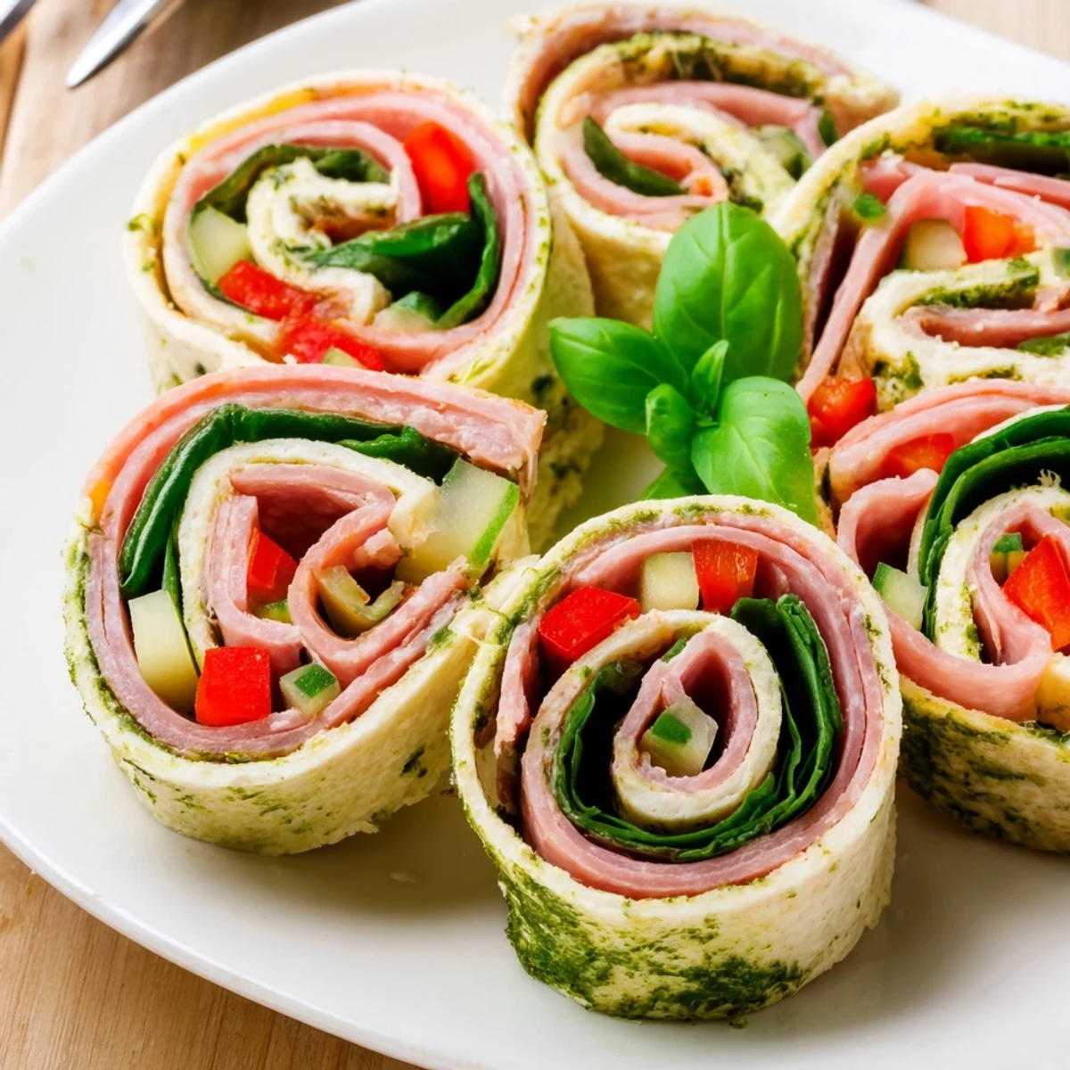 Tray of Italian Pinwheel Sandwiches garnished with fresh basil, colorful.