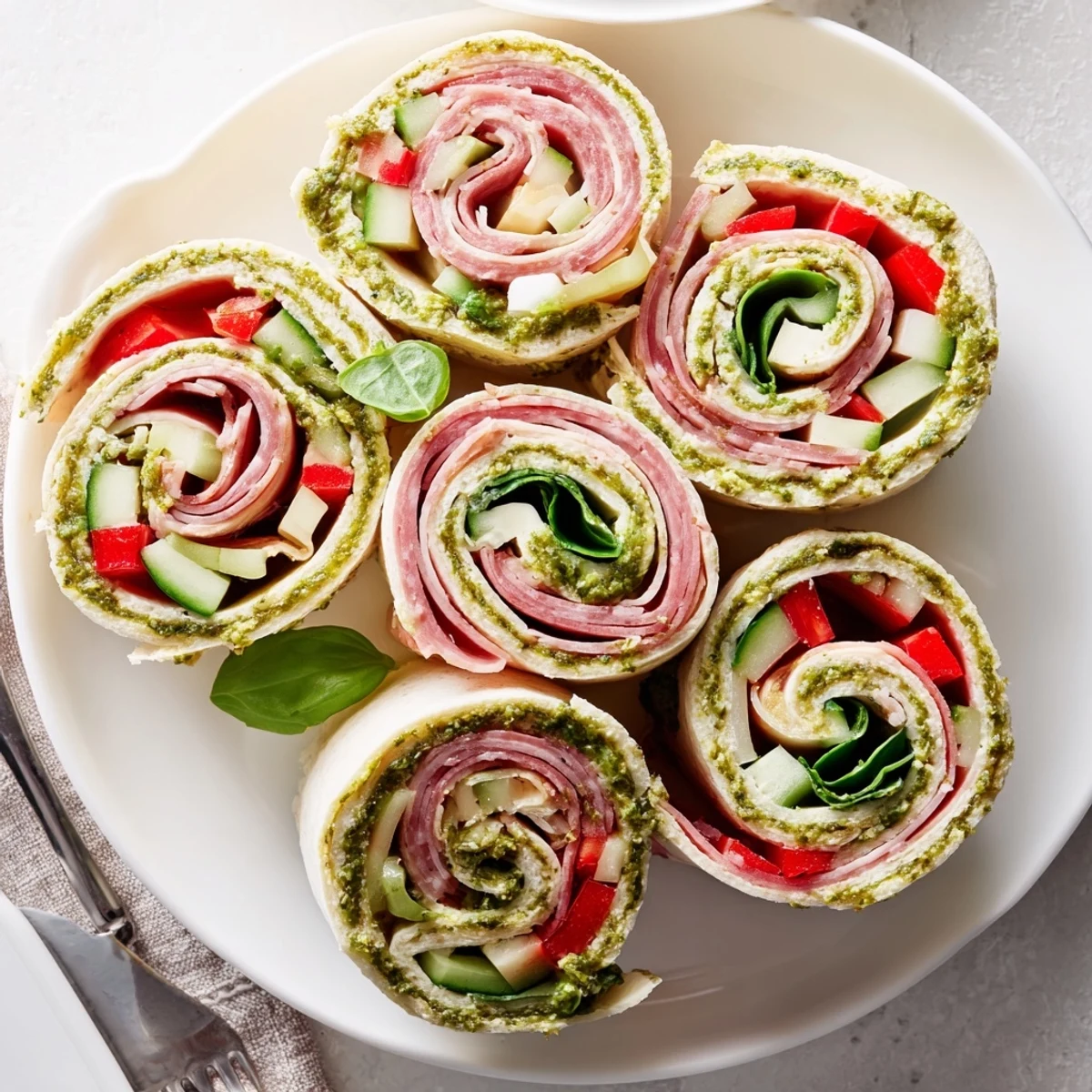 Italian Pinwheel Sandwiches layered with salami, provolone, and crunchy cucumber.