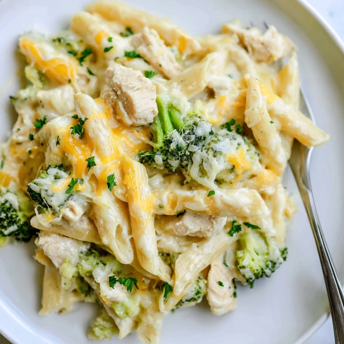 One-dish Chicken Broccoli Alfredo Bake Recipe topped with melted mozzarella and parsley