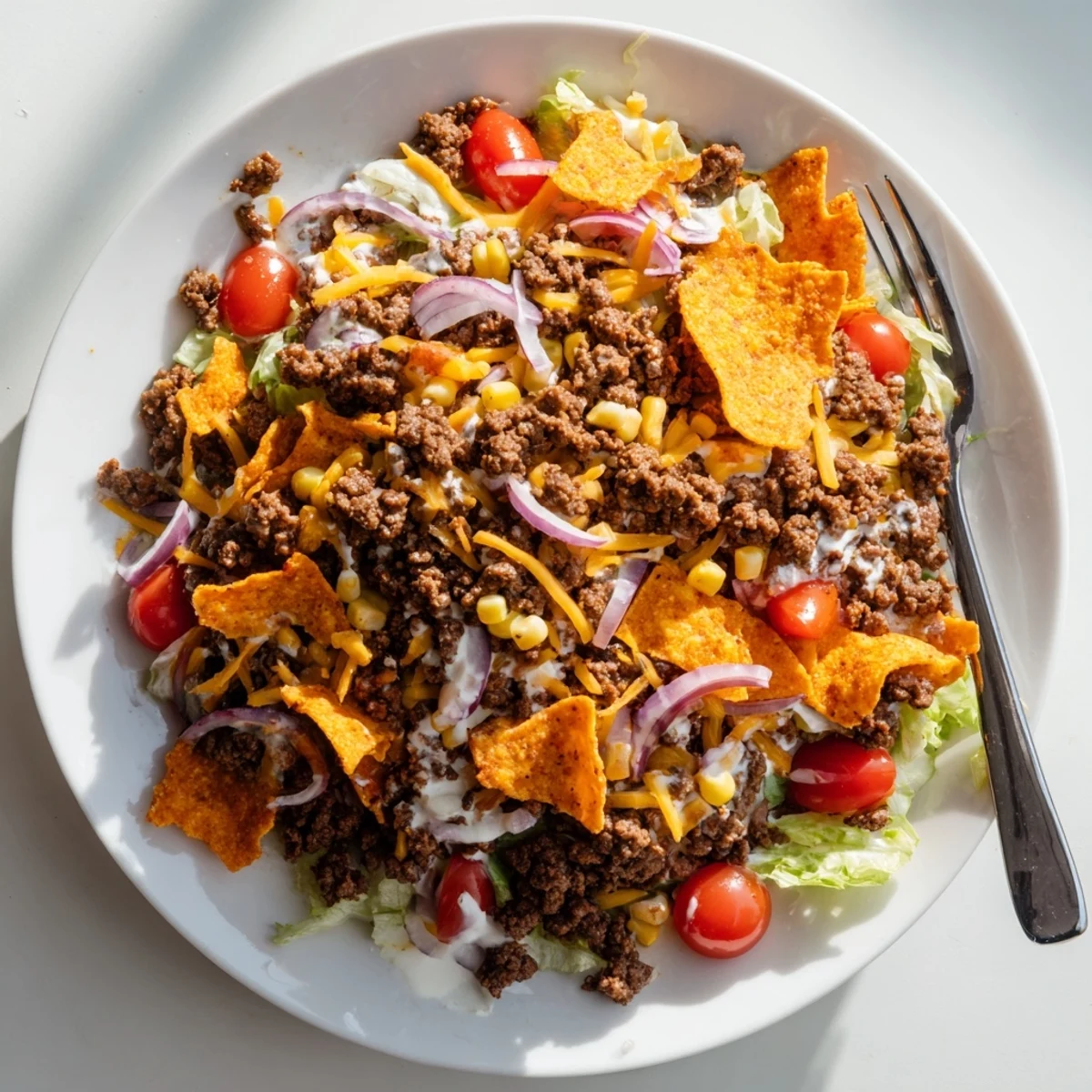 Simple Doritos Taco Salad tossed with ranch, crunchy chips, seasoned beef