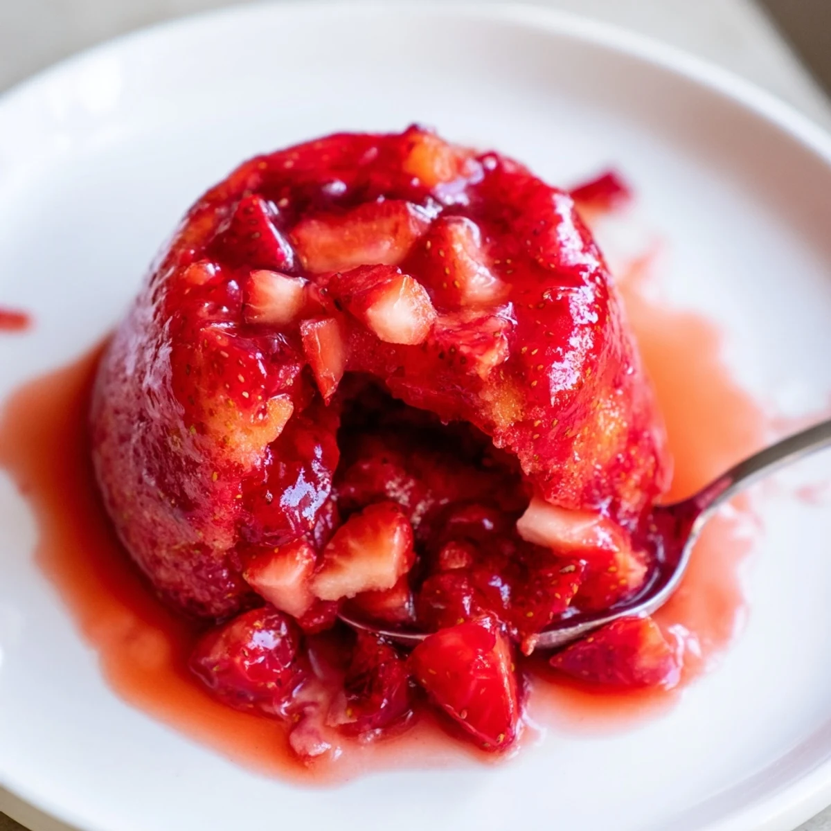Strawberry Cake Filling Recipe showing glossy, bright red filling spooned onto cake