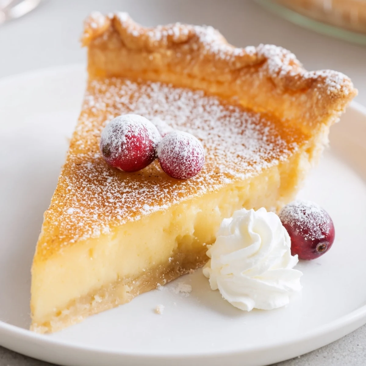 Warm Christmas Eve Custard Pie With Cinnamon Vanilla slice topped with whipped cream