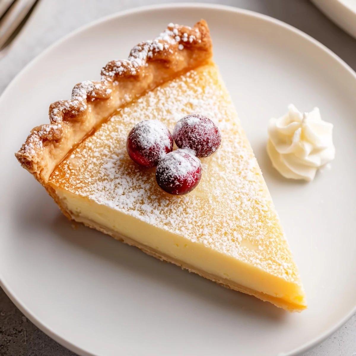 Chilled Christmas Eve Custard Pie With Cinnamon Vanilla, dusted cinnamon and sugared cranberries