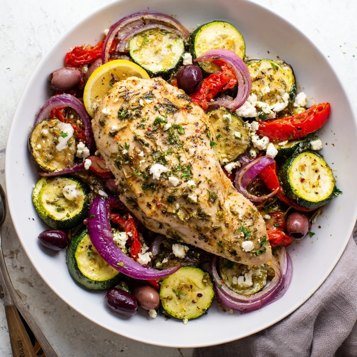 Roasted Sheet Pan Mediterranean Chicken Zucchini with golden vegetables and lemony juices