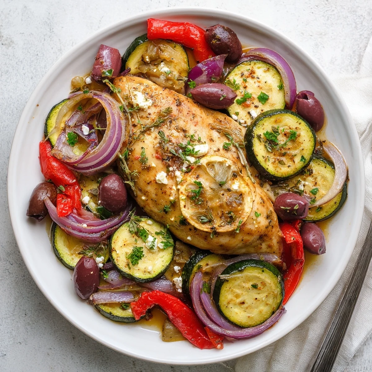 Sheet Pan Mediterranean Chicken Zucchini steaming on pan, topped with crumbled feta
