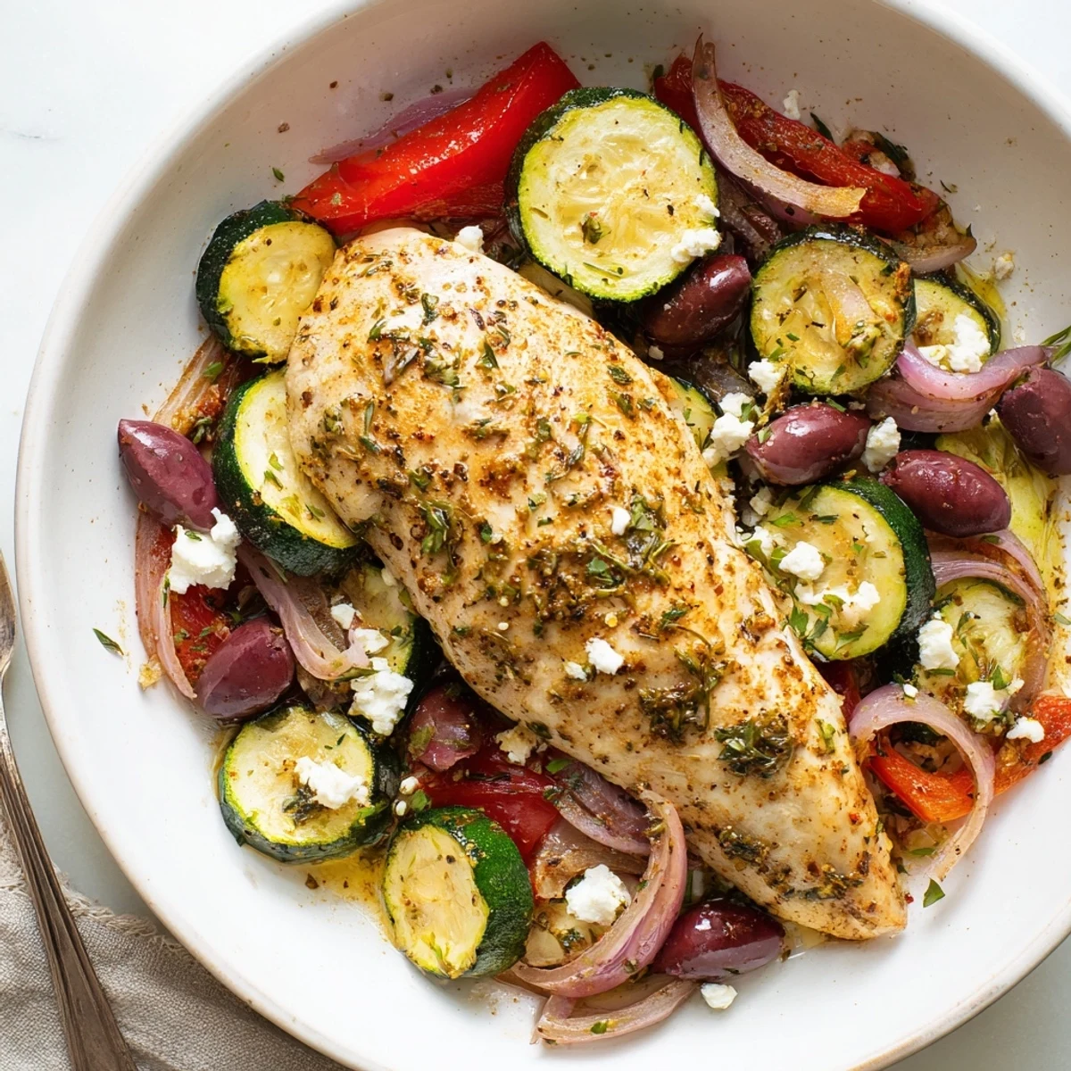 Crispy and tender Sheet Pan Mediterranean Chicken Zucchini served with warm pita and parsley