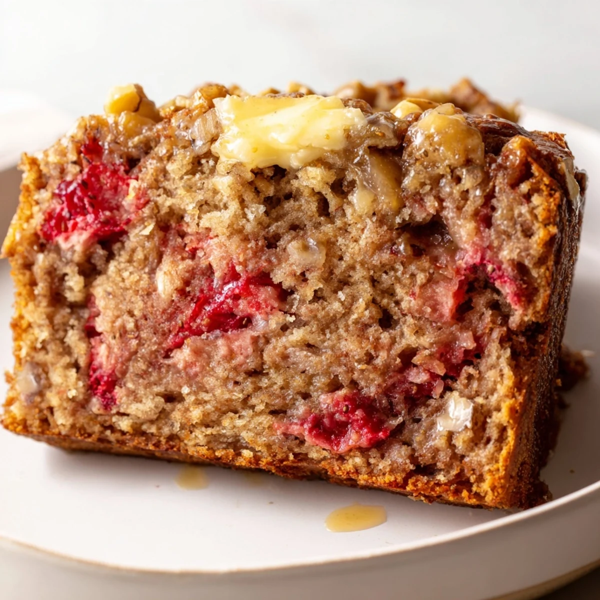 Warm sliced Strawberry Banana Bread Recipe on wire rack, strawberries peeking.