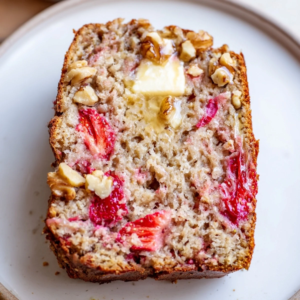 Hearty breakfast slice from Strawberry Banana Bread Recipe served with melting butter.