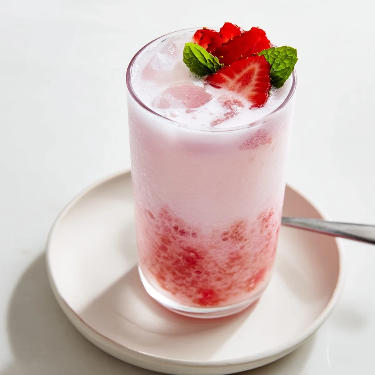 Chilled Strawberry Coconut Cooler Recipe poured into glasses, bright strawberry slices atop