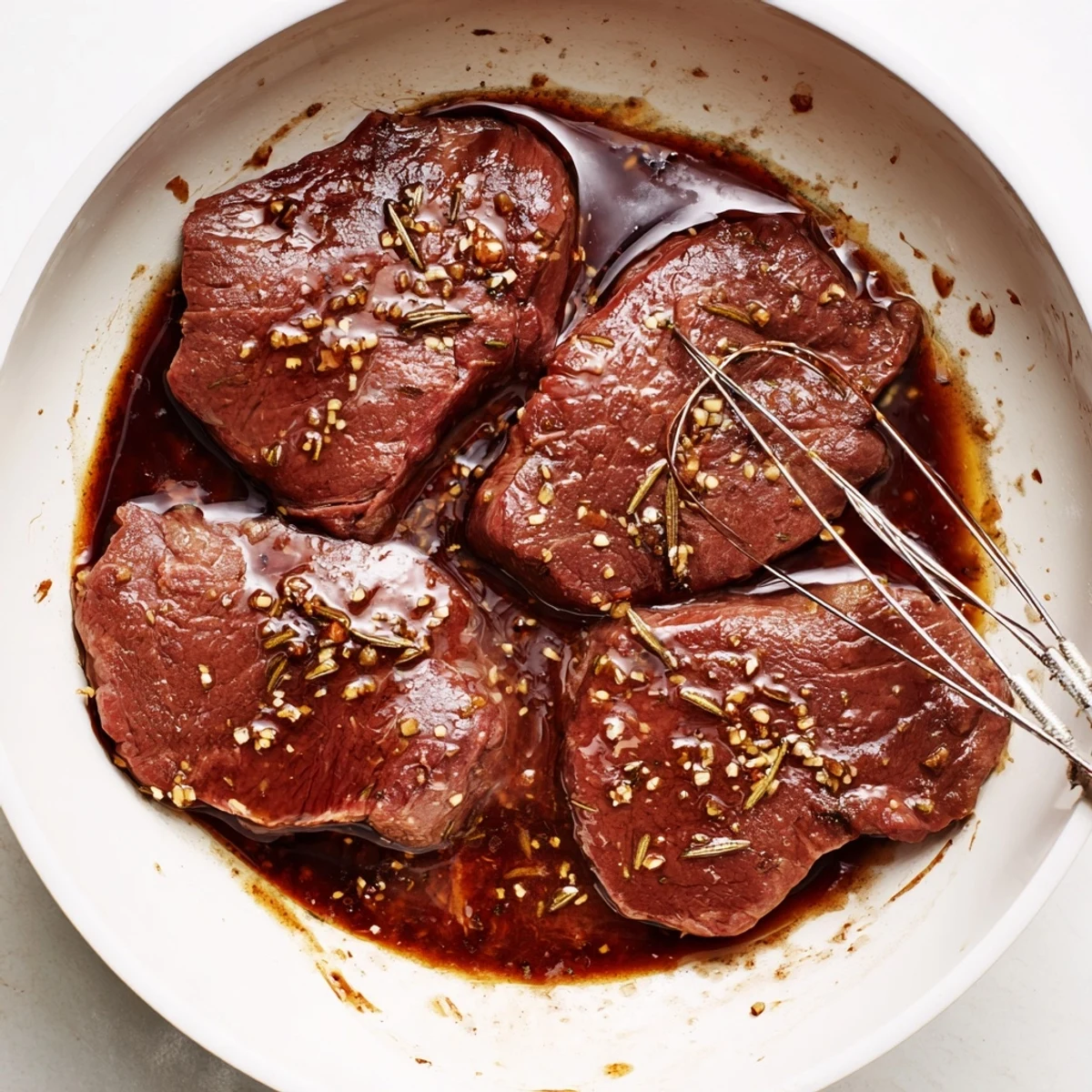 Steak Marinade glistening over raw ribeye, garlicky aroma ready for grilling