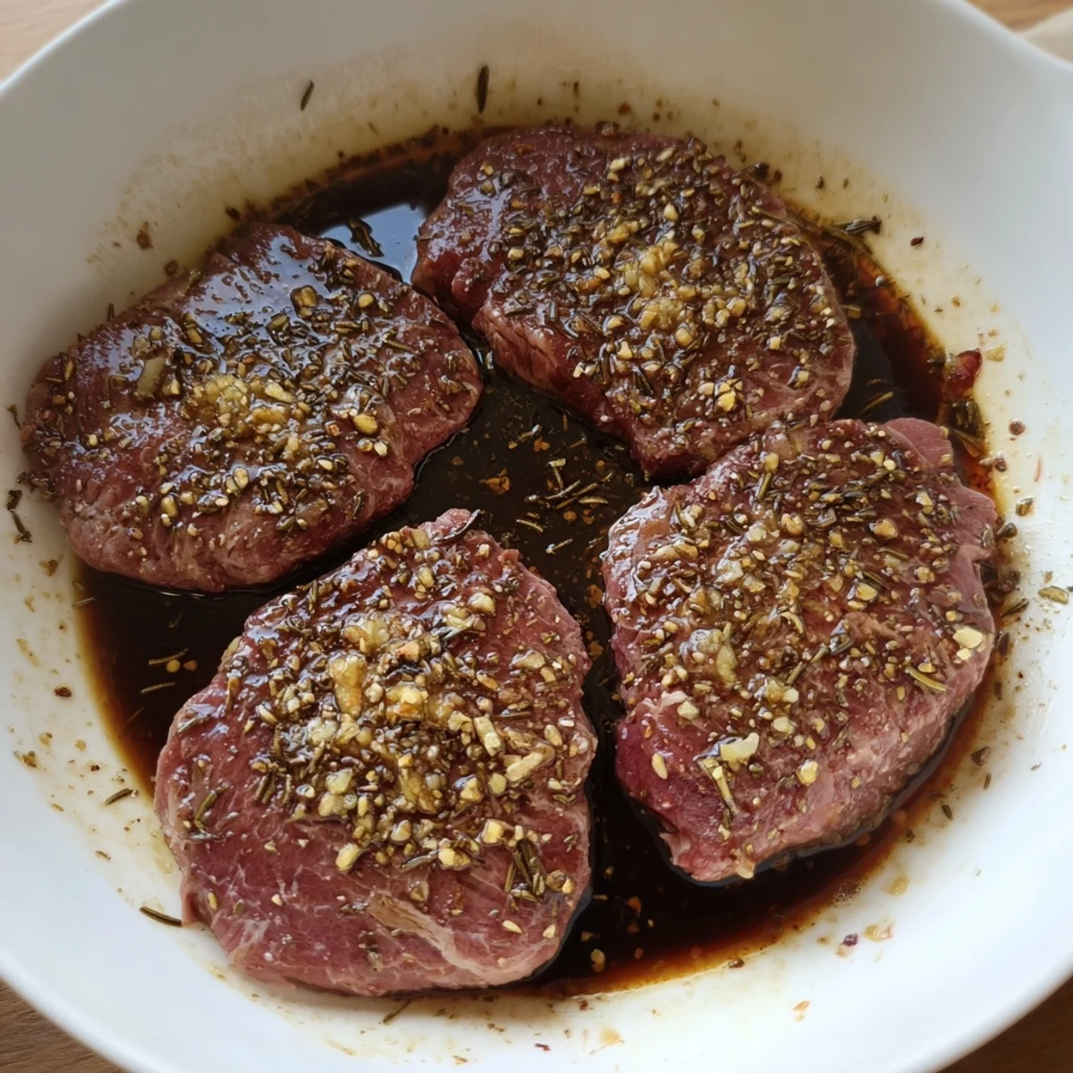 Bowl of Steak Marinade with lemon and rosemary, perfect for marinating