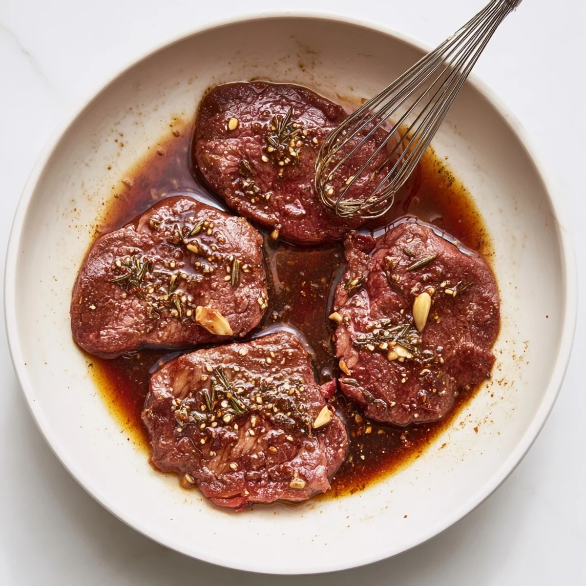 Brushed Steak Marinade on seared strip steak, savory-sweet glaze ready to serve