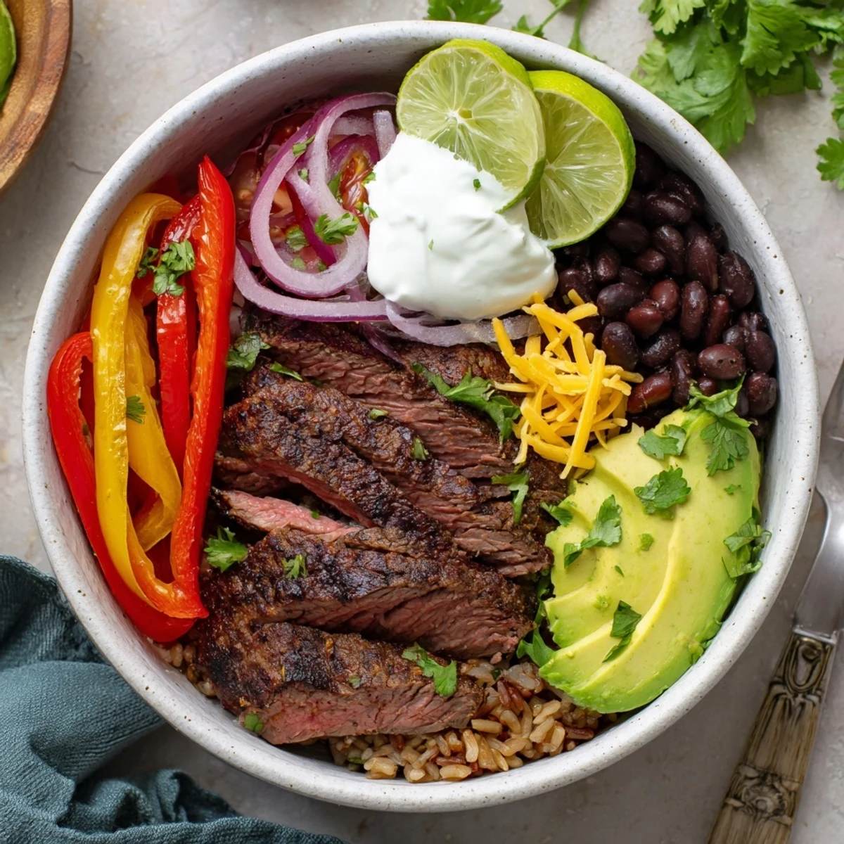 Bright Steak Fajita Power Bowls served over warm brown rice, lime wedges.