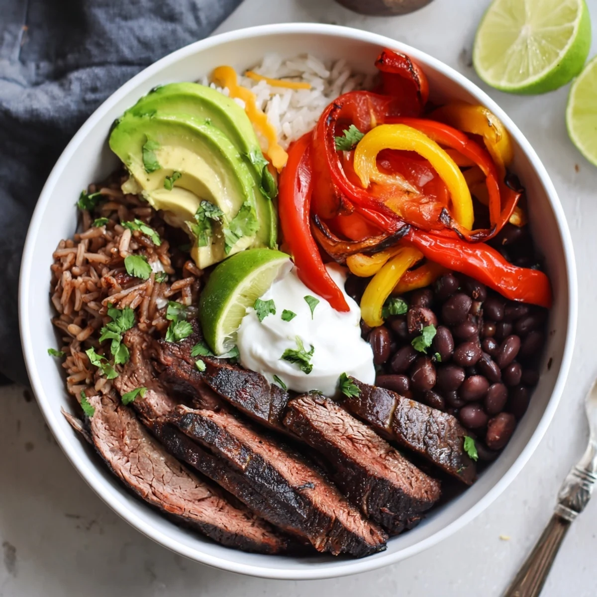 Family style Steak Fajita Power Bowls topped with sliced avocado, warm black beans.