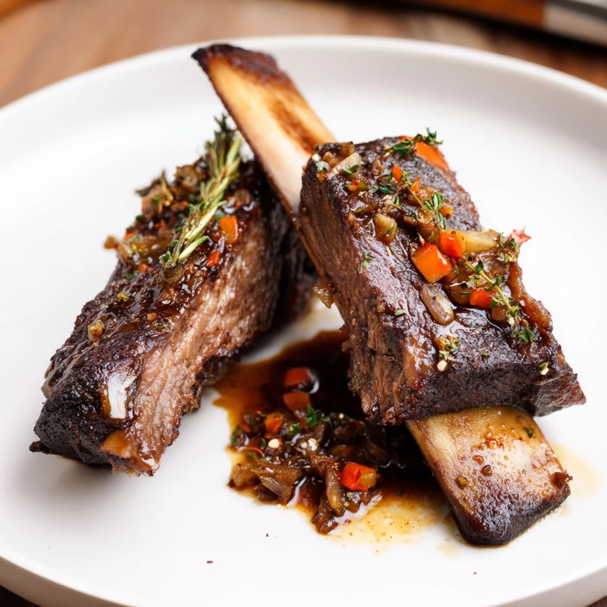 Herb scented Slow Cooker Beef Short Ribs served with roasted carrots and jus